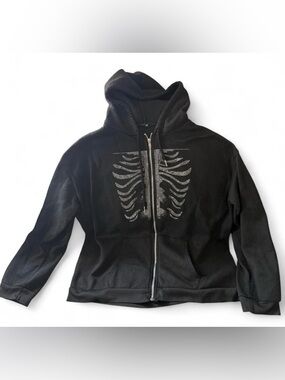 Womens Black Zip-Up Hoodie with Rhinestone Ribcage Graphic No Dize Tag Looks SzM